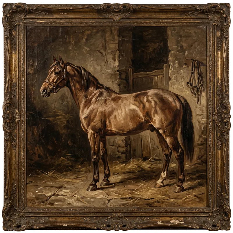 Antique Style Full-Length Horse Oil Painting in Shades of Brown and Beige Antique Style Full-Length Horse Oil Painting in Shades of Brown and Beige