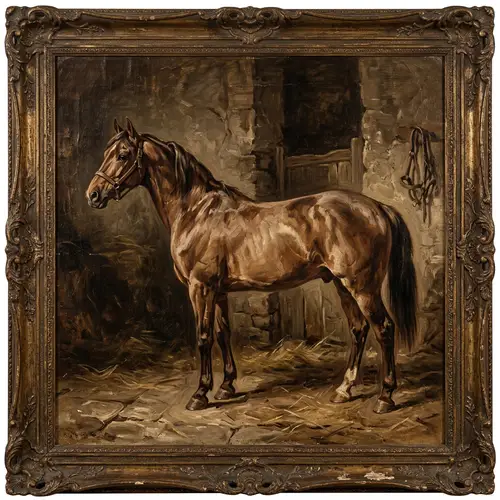 Antique Style Full-Length Horse Oil Painting in Brown and Beige