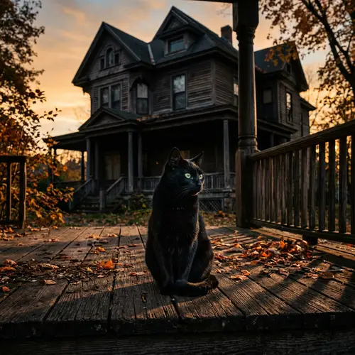 Enchanting Black Cat on a Rustic Porch