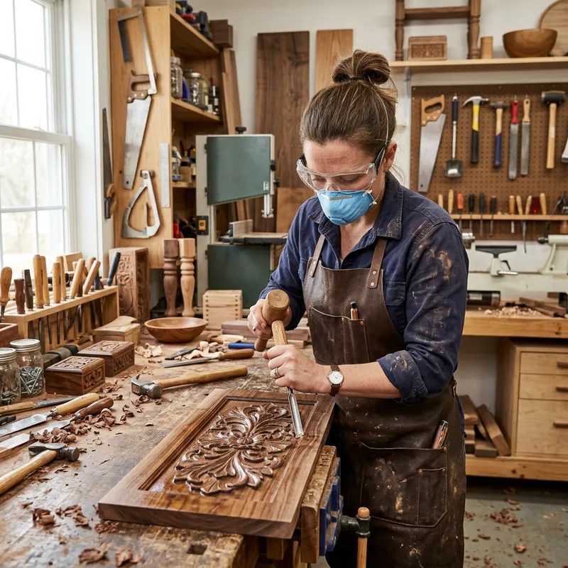 Professional Female Woodcraft Artisan Crafting in Workshop