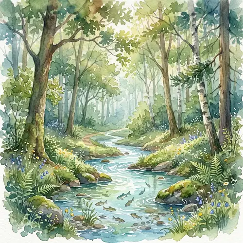 Tranquil Forest with Sunlight & Babbling Brook | Watercolor Scene