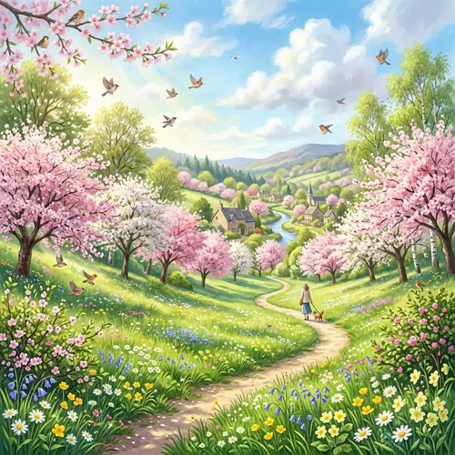Vibrant Spring Landscape with Cherry Blossoms and Blue Sky