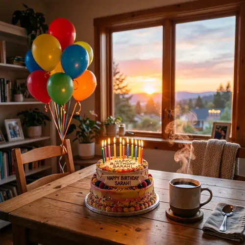Birthday Celebration with Coffee, Cake, and Balloons