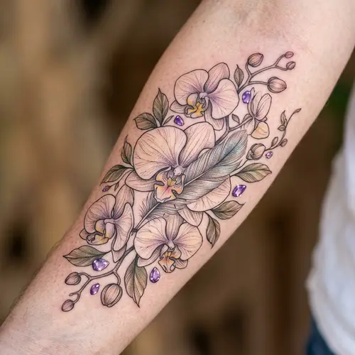 Nature-themed Orchids and Feather Tattoo Design
