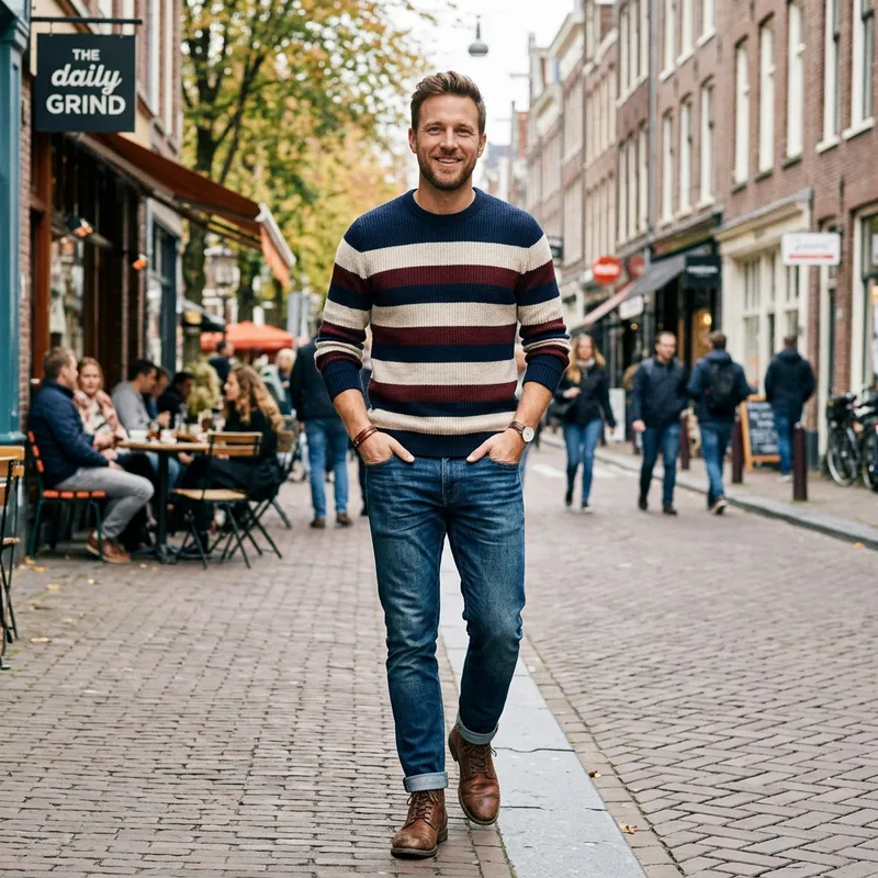 Stylish Man in Jeans and Striped Sweater