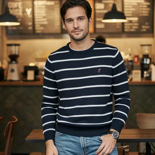 Stylish Man in Jeans and Striped Sweater
