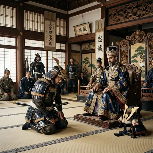 Japanese Shogun Kneeling Before Emperor in Historic Scene
