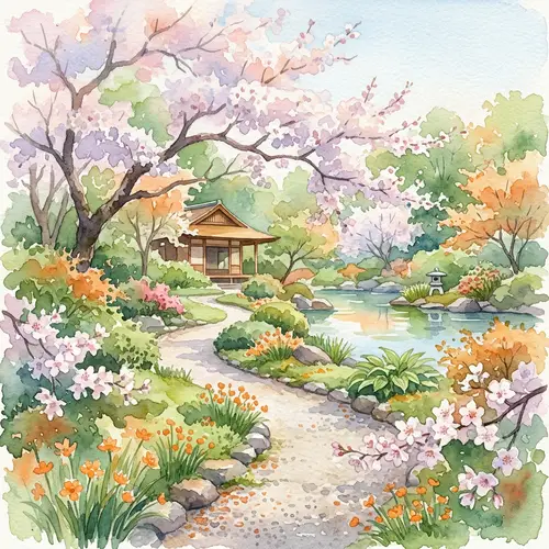 Serene Cherry Blossom Garden Watercolor Art