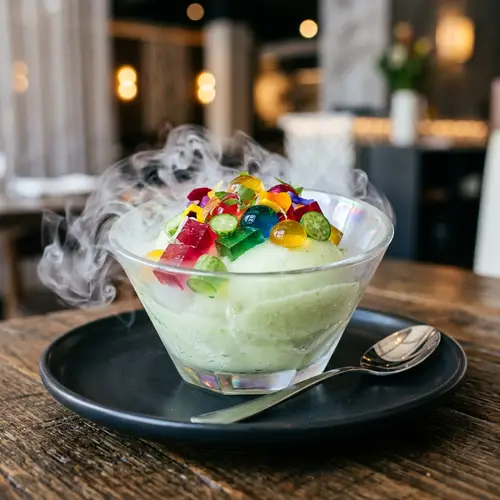 Futuristic Cucamelon Flavor Sorbet with Edible Gels and Steam