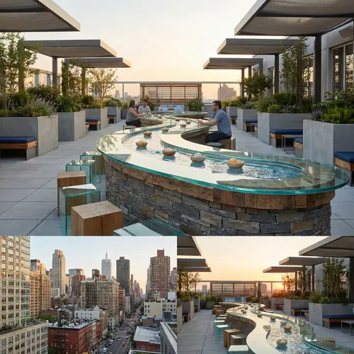 Urban Rooftop Spa Bar with Sorbet on Tabletop River | Minimalist Design