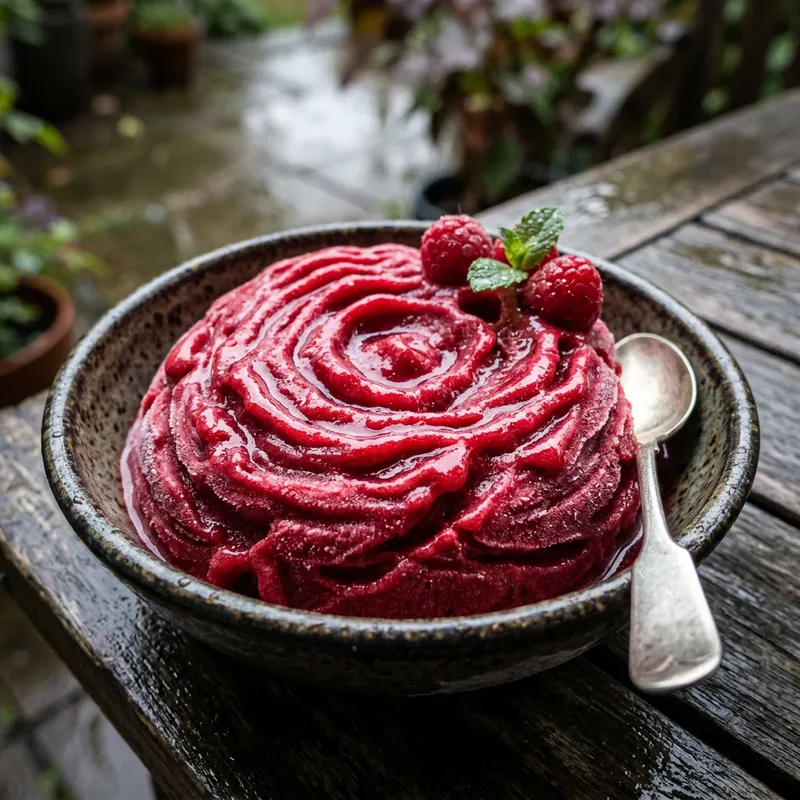 Refreshing Raspberry Sorbet with Rainwater Texture