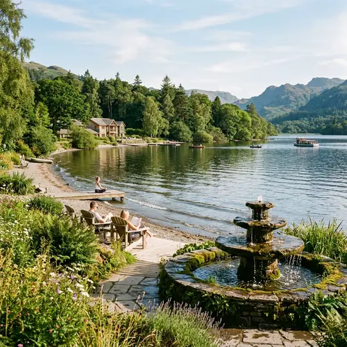 Tranquil Water and Wellness Oasis - Serene Lake, Waves, and Fountain