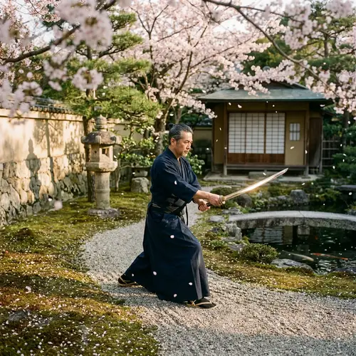 Skilled Asian Swordsman in Tranquil Cherry Blossom Garden