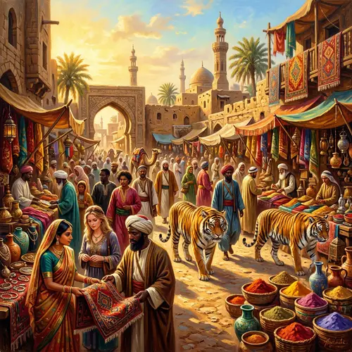 Lively Desert Market Scene with Tigers: Vibrant Oil Painting