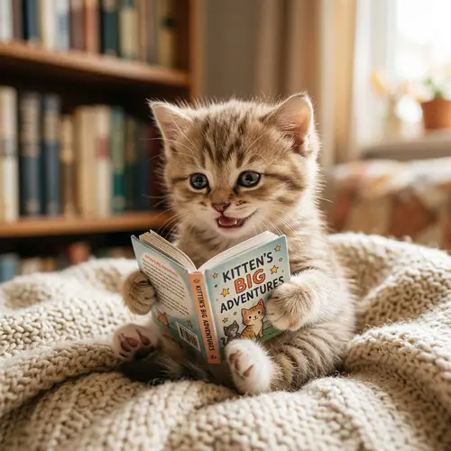 Cute Smiling Kitten Holding a Book
