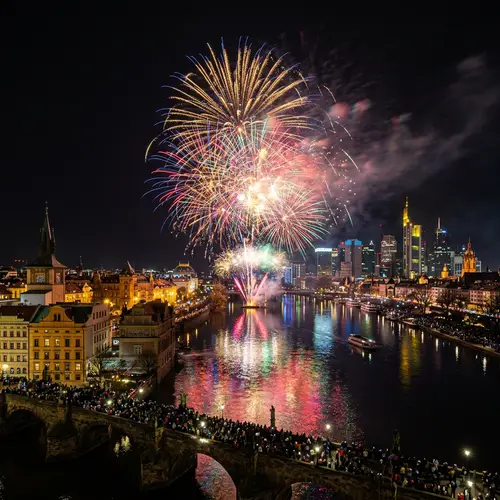 Midnight Fireworks Display Over River | New Year Celebration