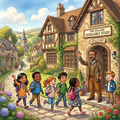 Vibrant Illustration of a Picturesque Village with Grand Scholarly Abode