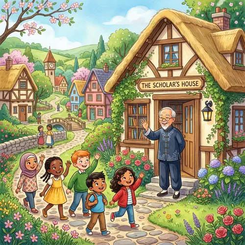 Enchanting Children's Book Illustration of Scholar's Village