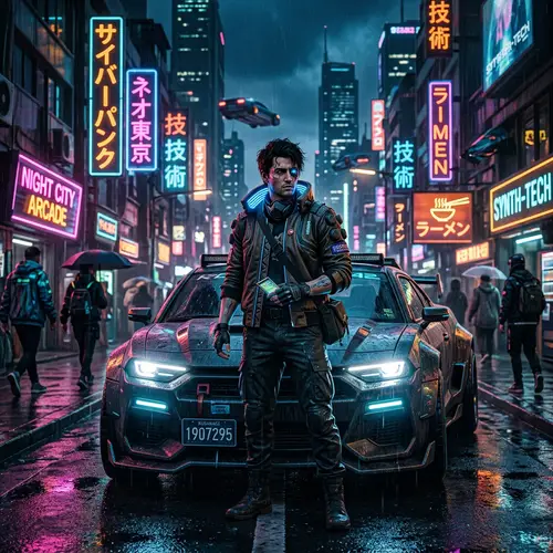Cyberpunk Character in Front of Car