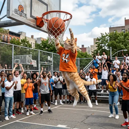 Cat Dunking Basketball - Playful Feline Athlete in Action
