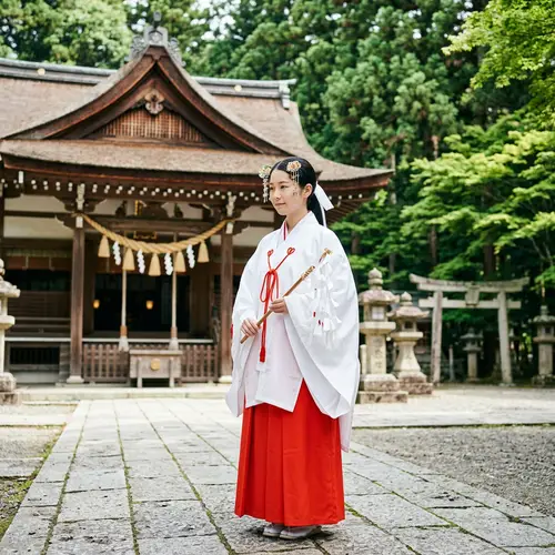 Japanese Miko Priestess in Traditional Attire at Shinto Shrine