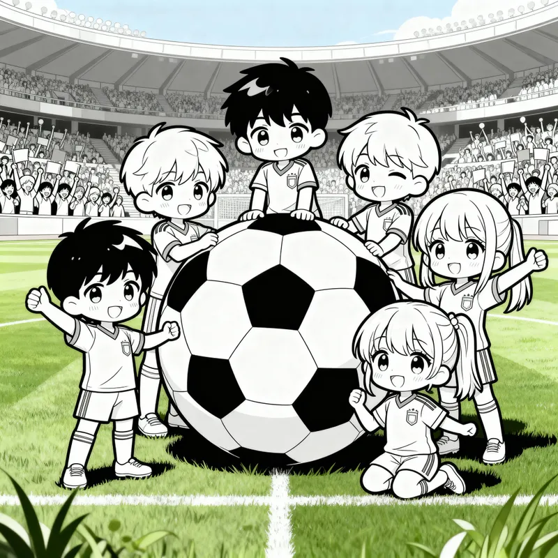 Chibi Soccer Kids Coloring Book Illustration