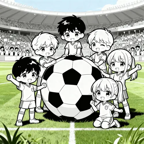 Chibi Soccer Kids Coloring Book Illustration