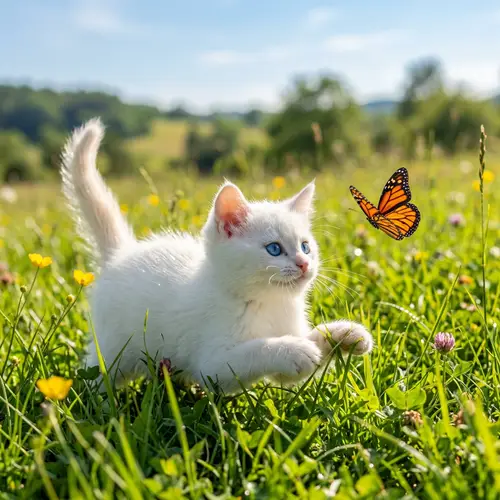 Playful White Cat Frolicking in Green Field | Joyful Nature Scene