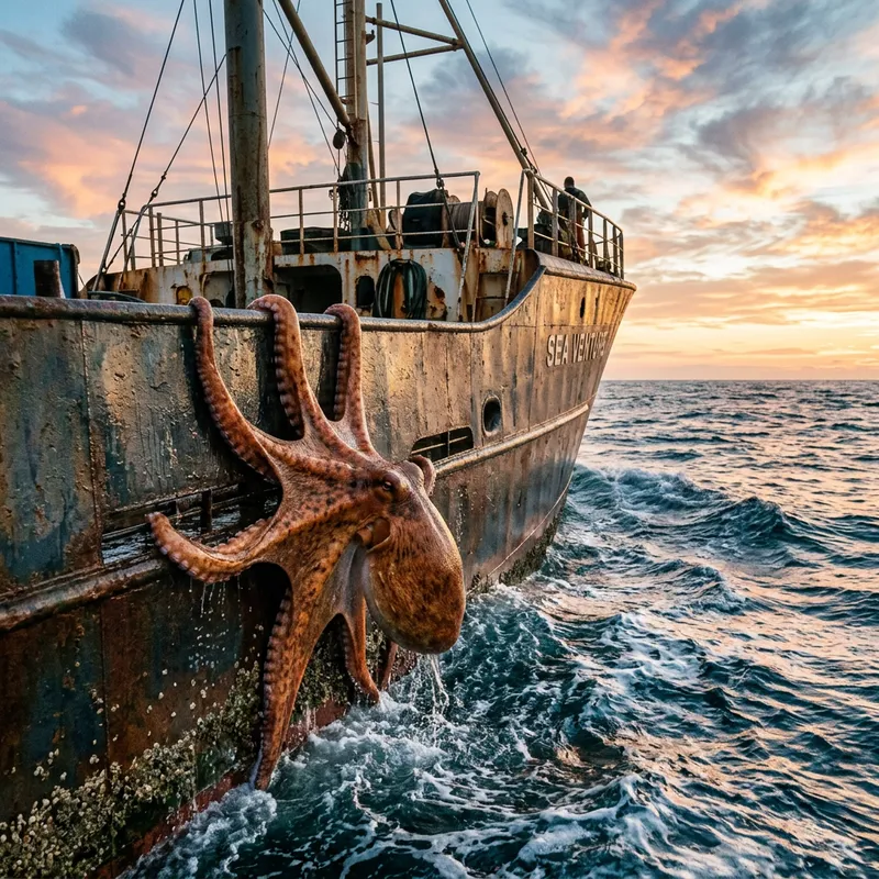 Realistic Octopus Ship Scene