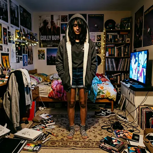 South Asian Girl in Cluttered Room with Sherpa Hoodie