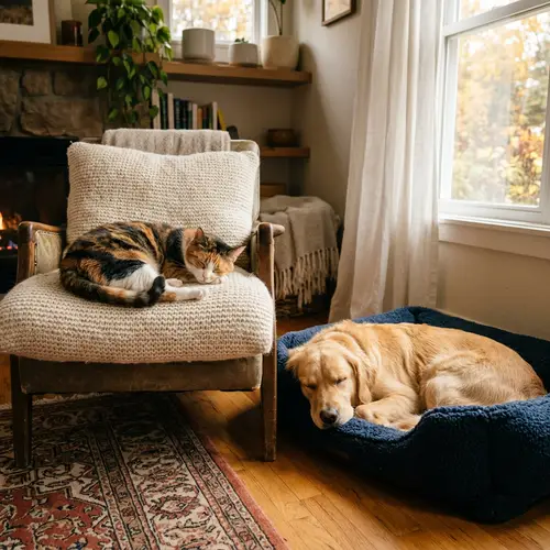 Calico Cat and Golden Retriever Sleeping Peacefully Together