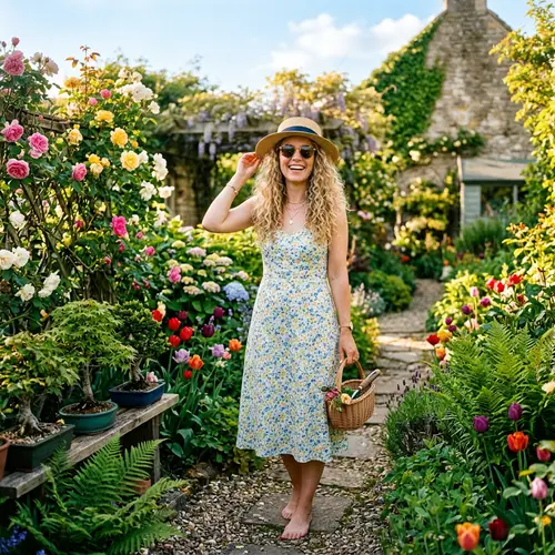 Beautiful Woman in Lush Green Garden | Summer Dress & Sunhat