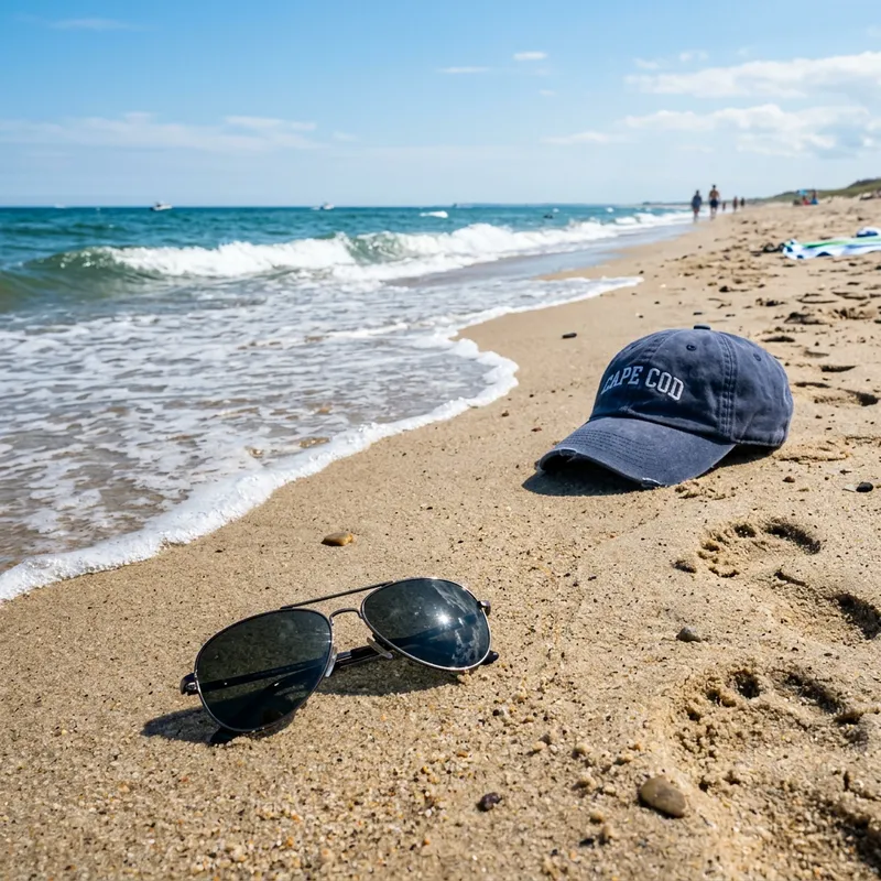 Men's Sunglasses on Beach with Cap Near the Sea Men's Sunglasses on Beach with Cap Near the Sea