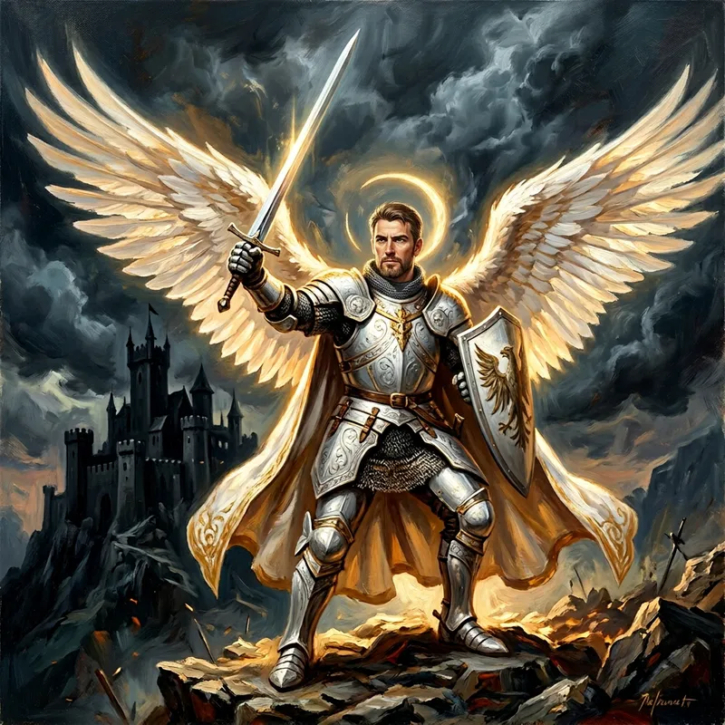 Expressive Oil Painting of Knight with Eagle Helmet and Sword | Dark Castle Backdrop