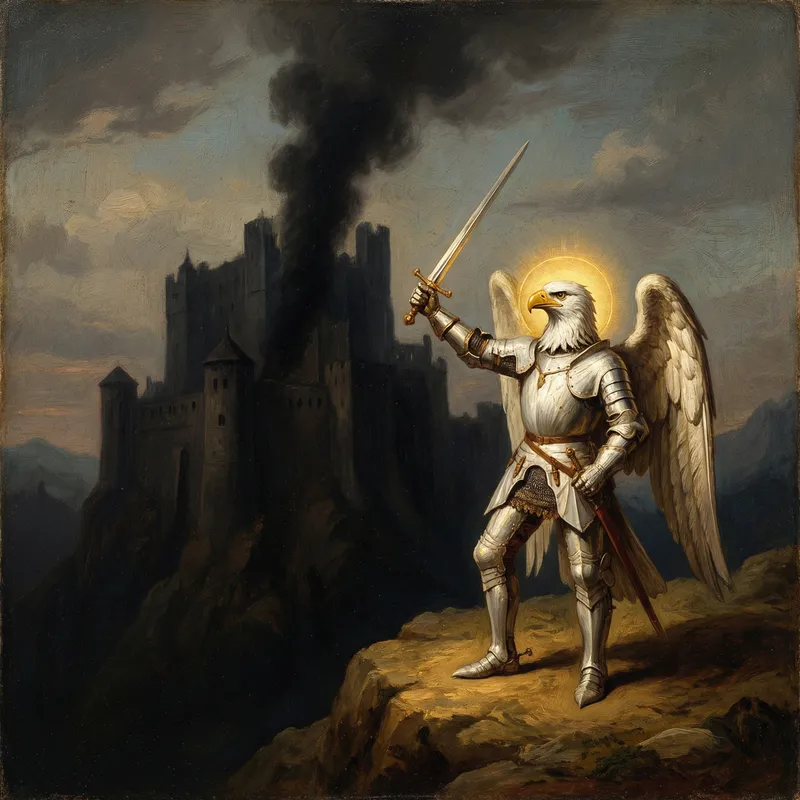 Expressive Knight in White Armor Oil Painting with Eagle Helmet