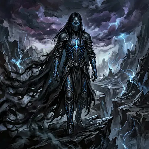 Enigmatic Black Armor Character with Glowing Blue Veins