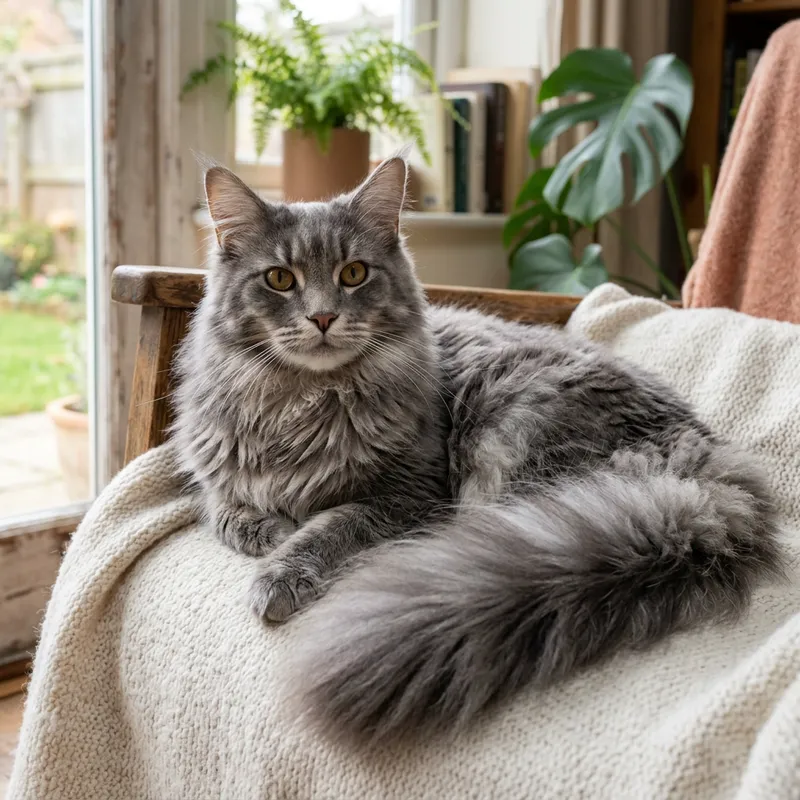 Fluffy Grey Cat with Bushy Tail | Website Name
