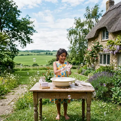 Serene Countryside Home: Girl Bathing with Gentle Soap