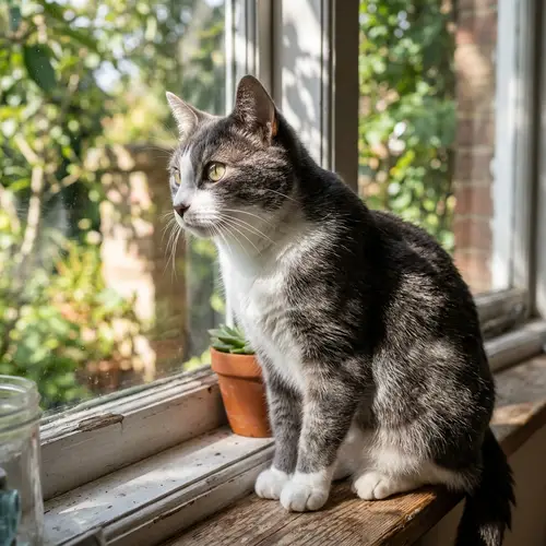 Glossy Domestic Cat on Windowsill | Smoky Gray & White Patches