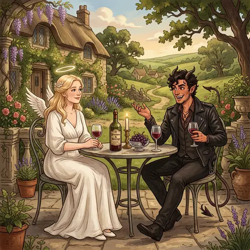 Comedic Fantasy Illustration: Angelic vs Devilish Friends Sipping Wine