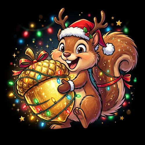 Festive Cartoon Squirrel with Golden Acorn | Holiday Season Joy