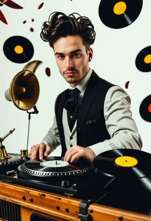 Victorian Fashion DJ Spinning Records on Vintage Gramophone