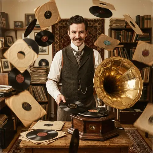 Victorian Fashion DJ Spinning Records on Vintage Gramophone