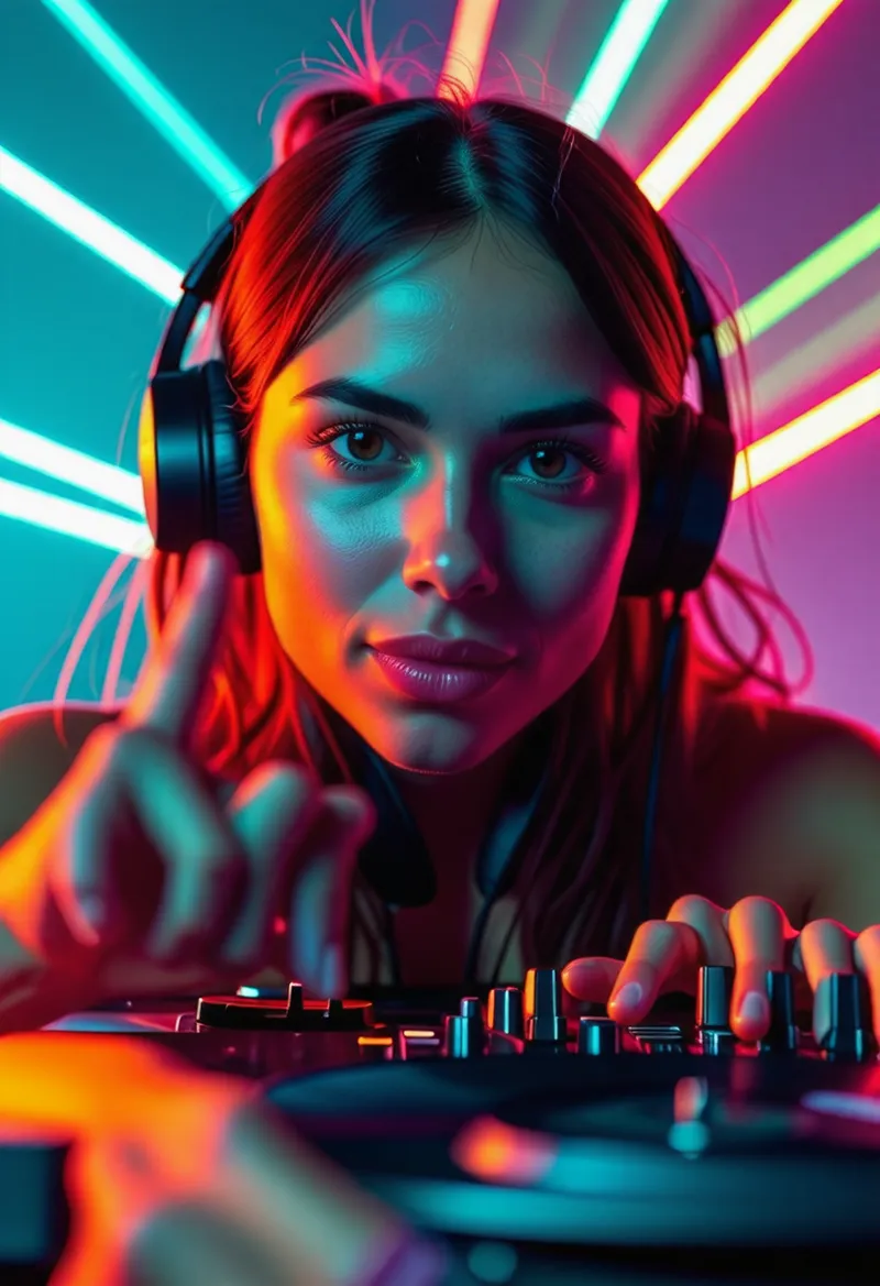 Female DJ with Intense Expression on Face in Studio Photo Female DJ with Intense Expression on Face in Studio Photo