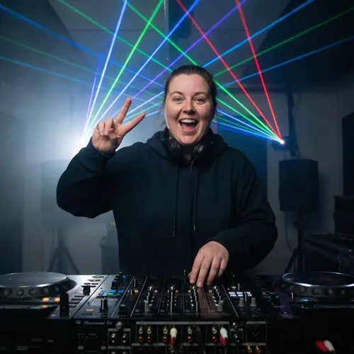 Female DJ with Intense Expression on Face in Studio Photo