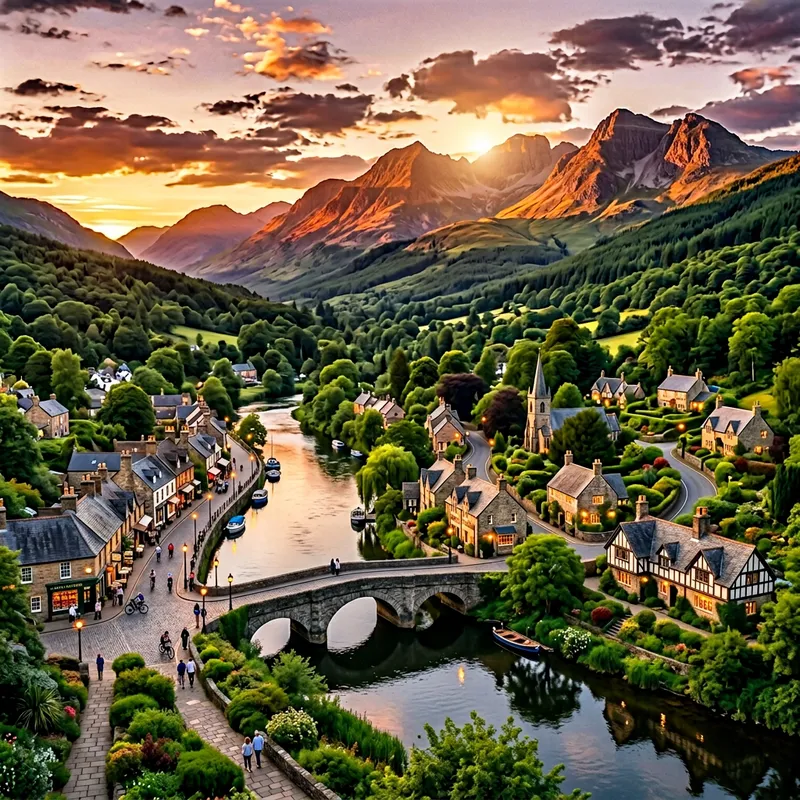 Scenic Town with Greenery, Water, and Mountain Views