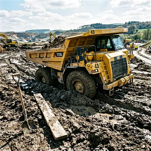 Bright Yellow Dump Truck Stuck in Muddy Terrain