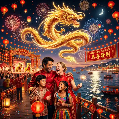 Lunar New Year 2024 Celebration with Golden Dragon & Multicultural Family