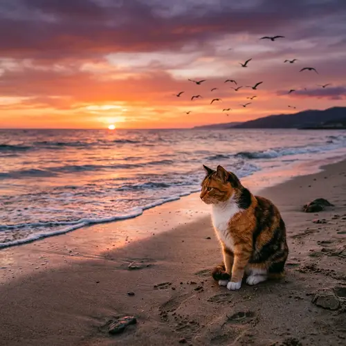 Serene Cat Watching Ocean Waves at Sunset