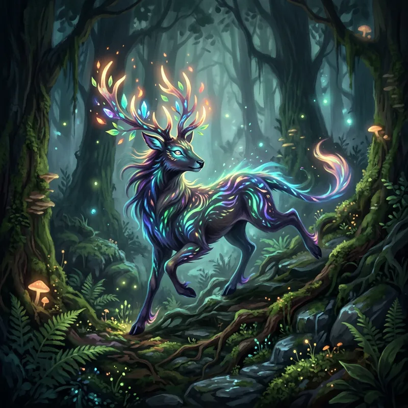 Mystical Creature Emerging from Hidden Forest in Radiant Hues Mystical Creature Emerging from Hidden Forest in Radiant Hues